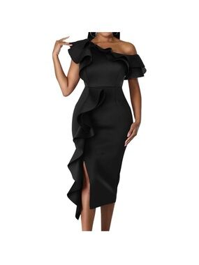 Bodycon one Shoulder Black Ruffle Dreass